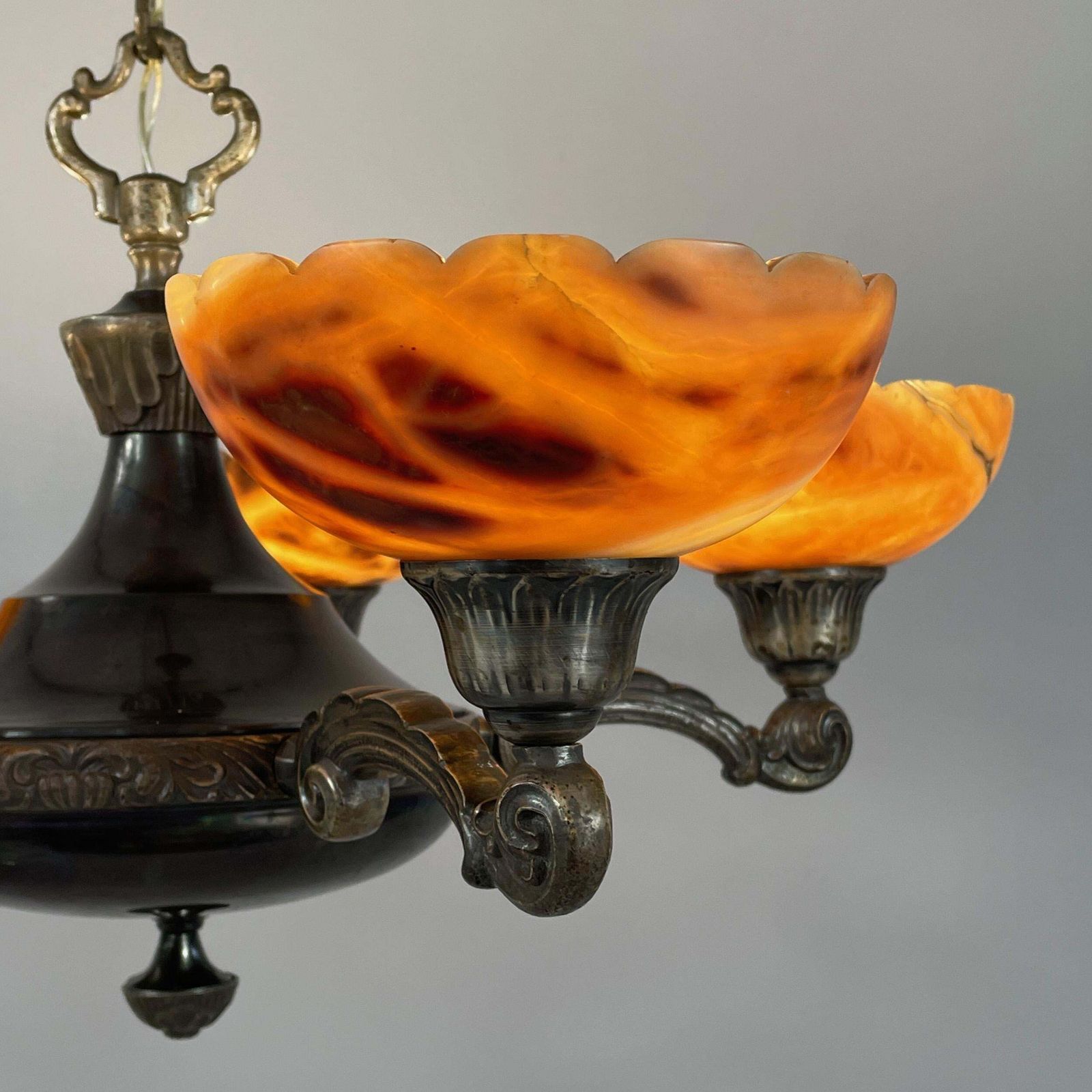 Nickel Plated 5 Light Chandelier Made Of Brass And Alabaster, Sweden 1920s To 1930s photo vinterior