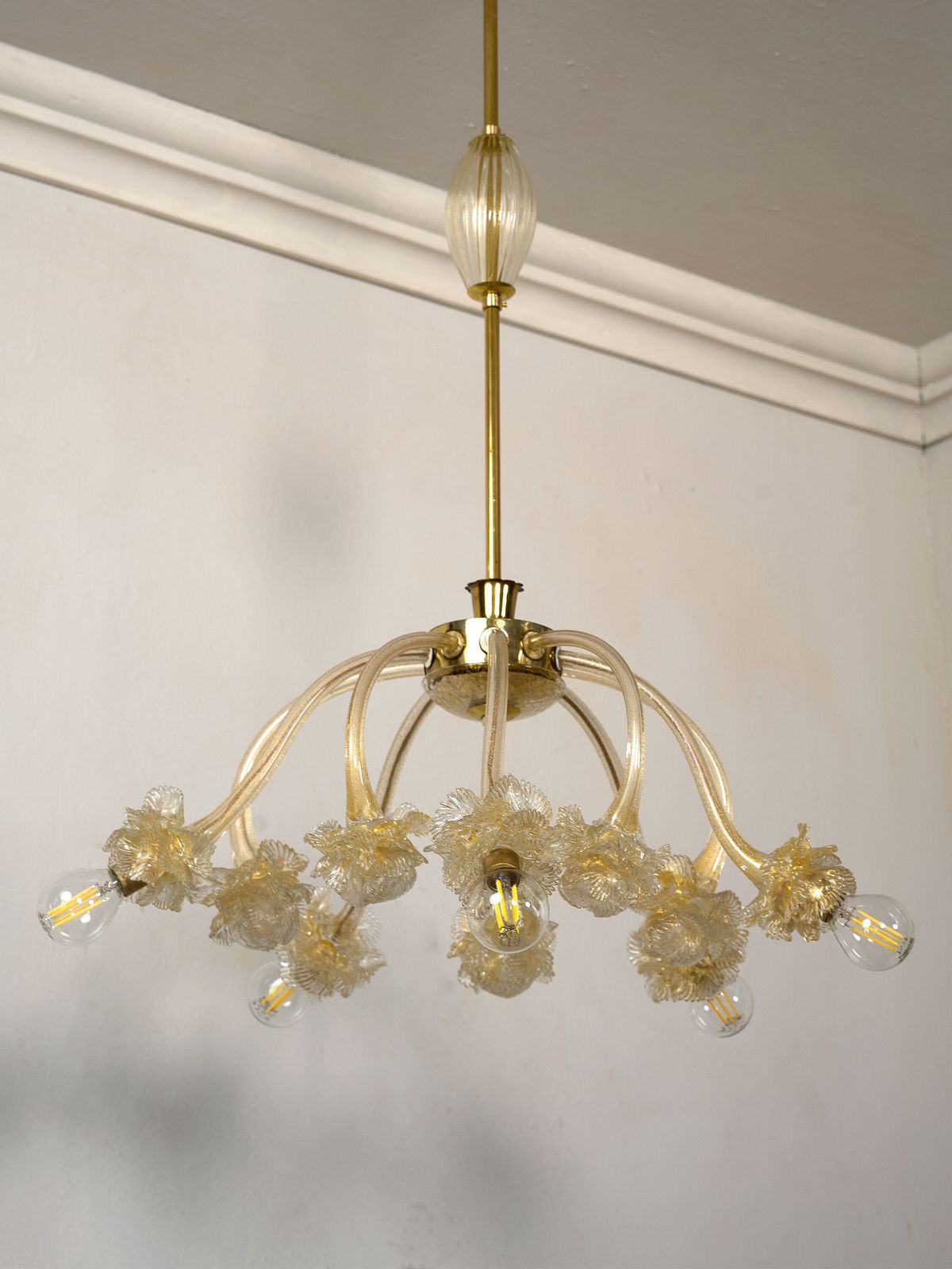 Vintage Chandelier In Clear Murano Blown Glass With Gold Dust, 5 Lights photo for sale