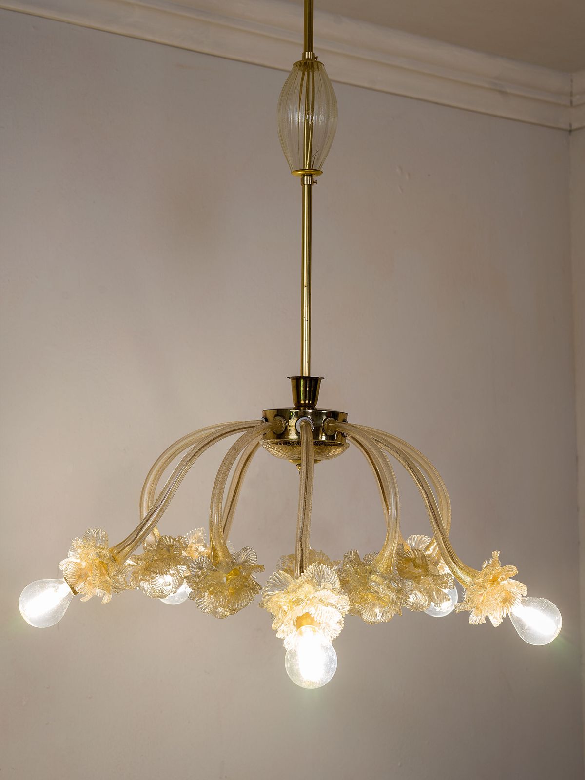 Vintage Chandelier In Clear Murano Blown Glass With Gold Dust, 5 Lights photo Lighting