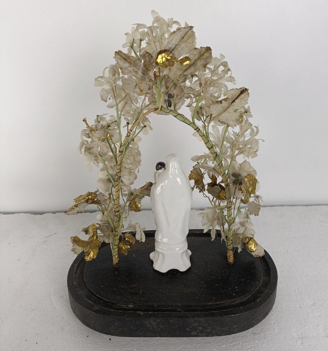 Antique Bridal Victorian Oval Hand Blown Glass Dome Vieux Paris Madonna Wreath G photo 244.0