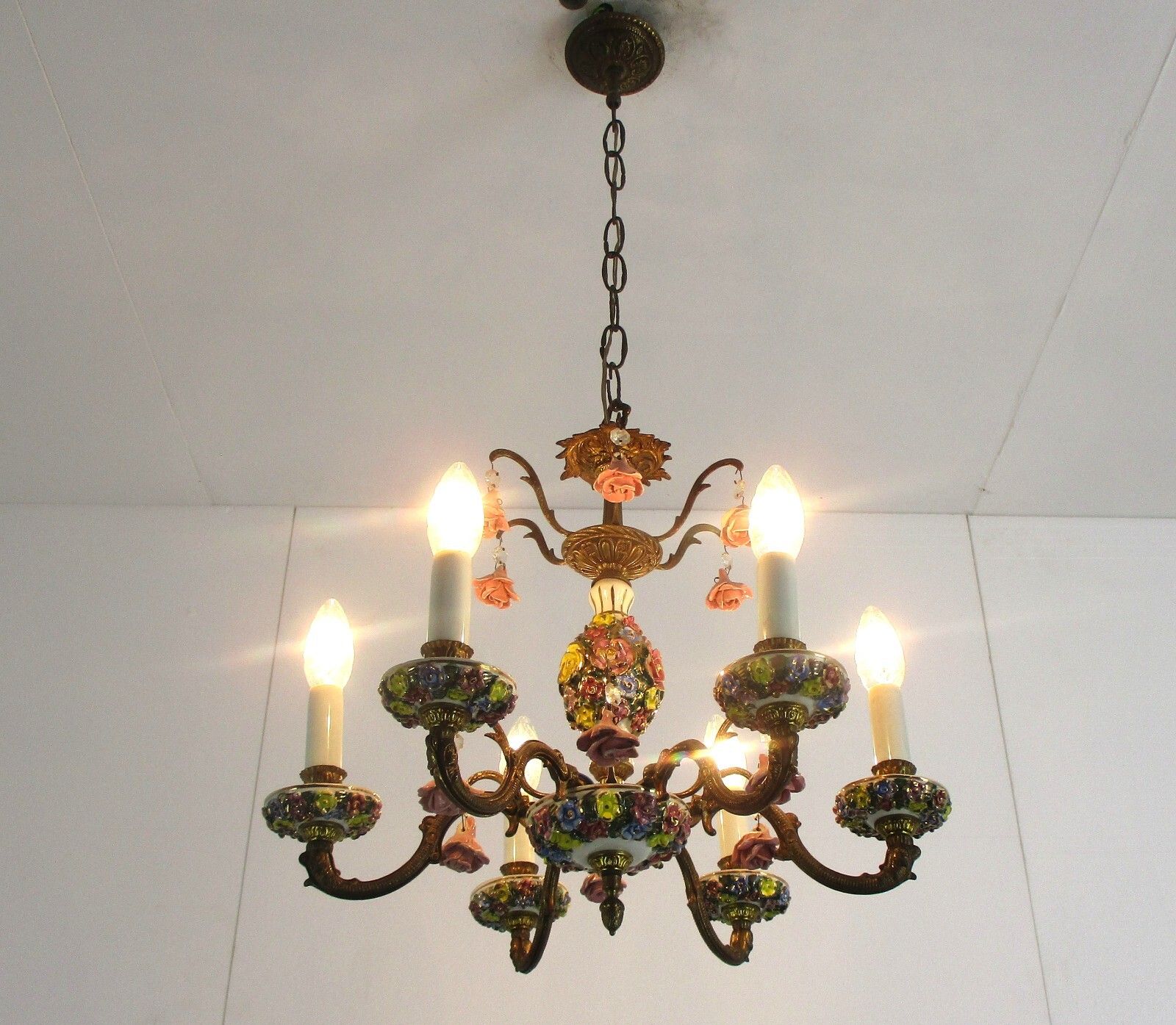 Italian Chandelier 6  Arm Lights Ornate Brass Porcelain Flowers Exquisite Wow photo furniture
