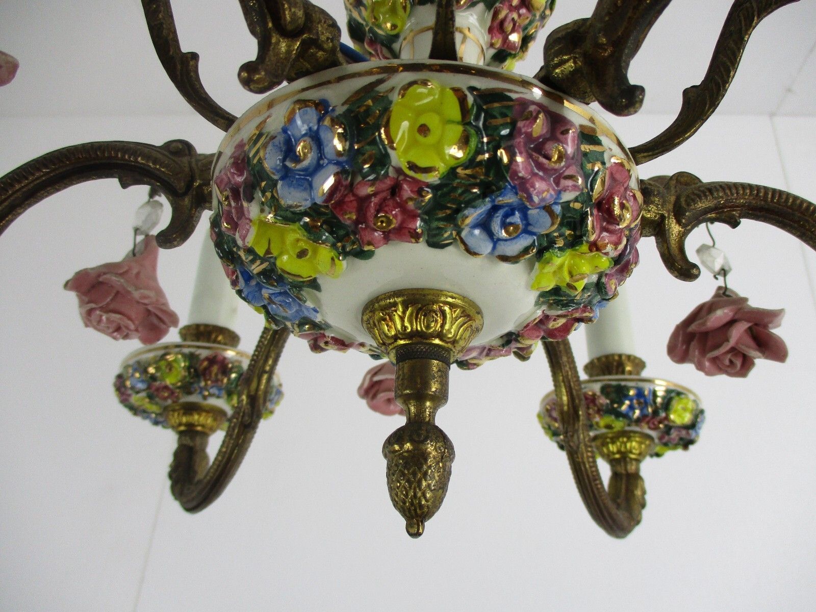 Italian Chandelier 6  Arm Lights Ornate Brass Porcelain Flowers Exquisite Wow photo vinterior
