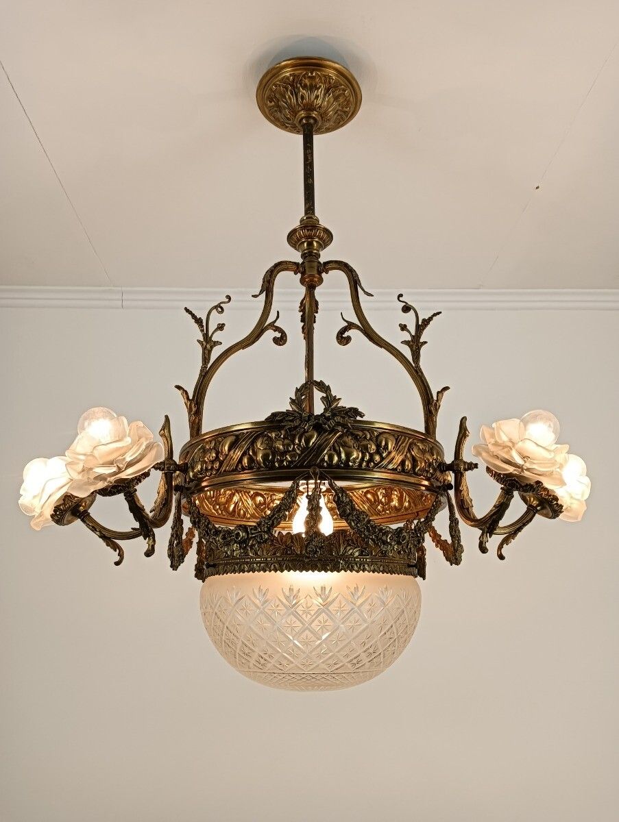 Art Deco Art Nouveau Chandelier Brass  Ornate Flower Shades Etched Glass 7 Light photo furniture