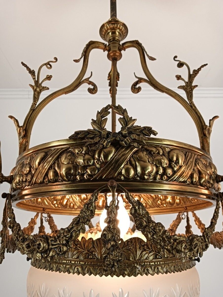 Art Deco Art Nouveau Chandelier Brass  Ornate Flower Shades Etched Glass 7 Light photo 1215.0