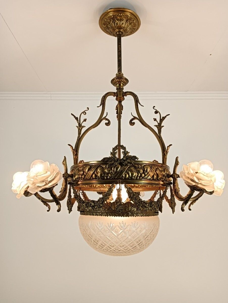photo furniture Art Deco Art Nouveau Chandelier Brass  Ornate Flower Shades Etched Glass 7 Light