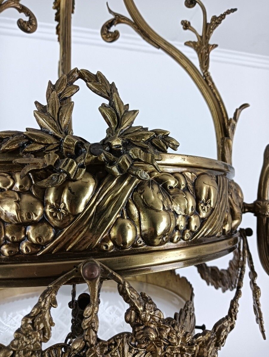 photo for sale Art Deco Art Nouveau Chandelier Brass  Ornate Flower Shades Etched Glass 7 Light