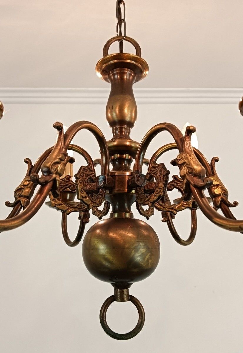 Medium Chandelier Flemish Dutch Brass Fish Vintage 6 Lights Farmhouse Country St photo furniture