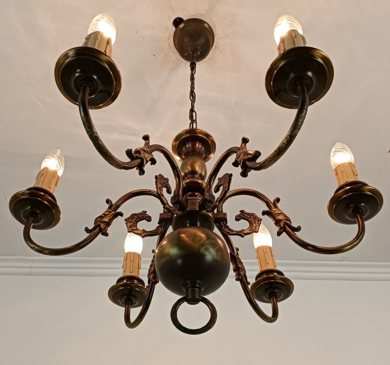 Medium Chandelier Flemish Dutch Brass Fish Vintage 6 Lights Farmhouse Country St photo buy
