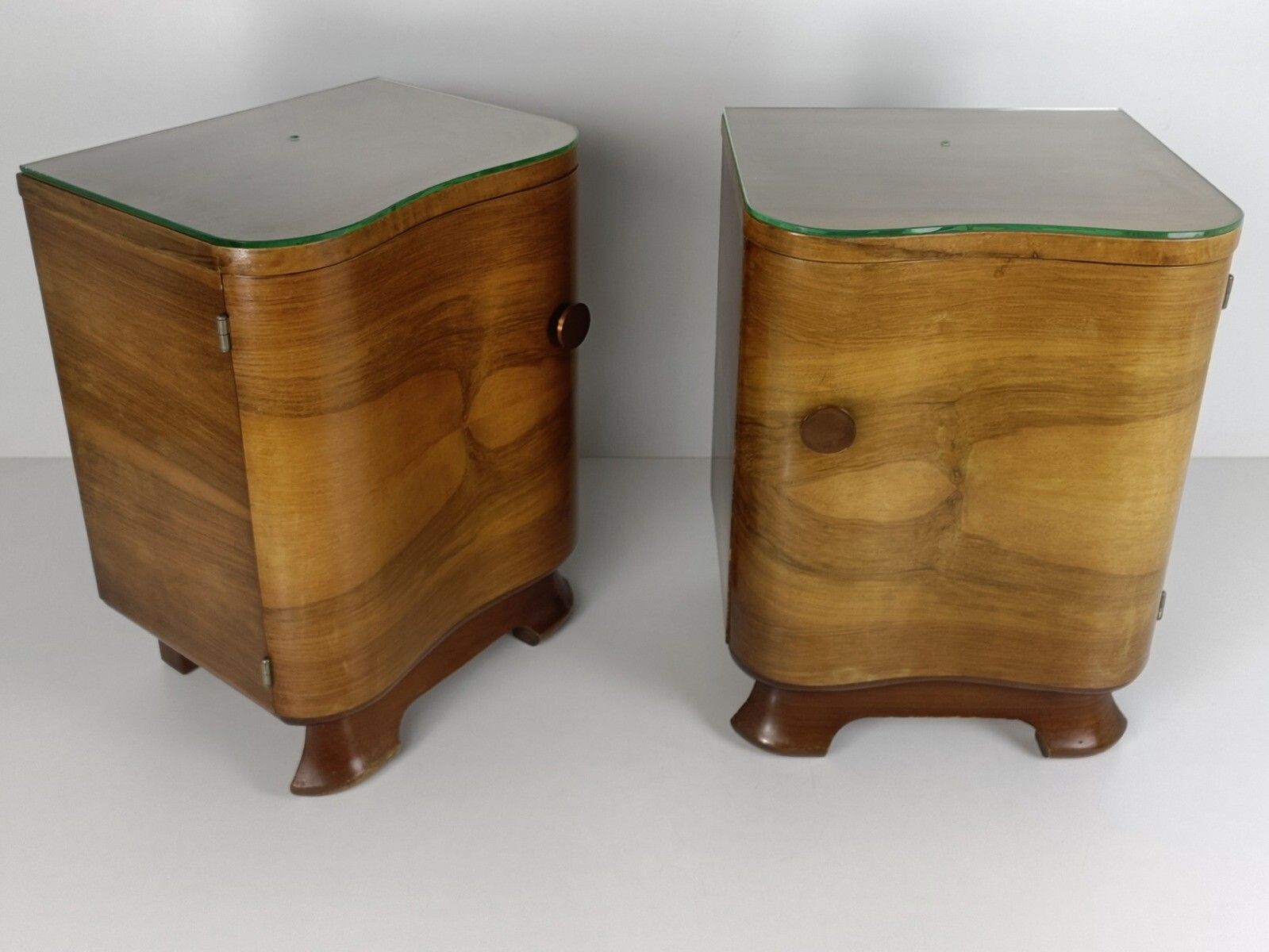 Art Nouveau Deco Pair Nightstands Walnut Wood End Tables Cabinets Halabala Style photo for sale