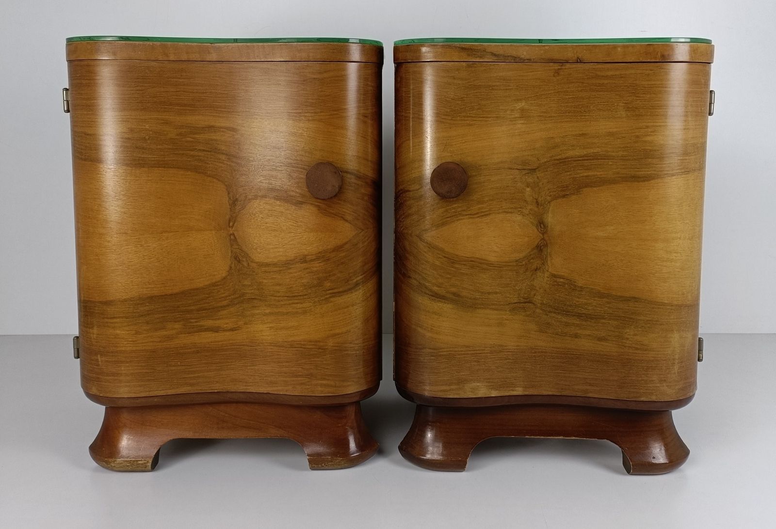 Art Nouveau Deco Pair Nightstands Walnut Wood End Tables Cabinets Halabala Style photo Furniture