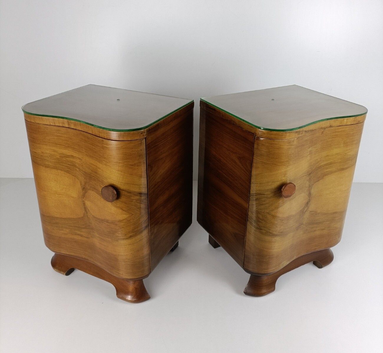 Art Nouveau Deco Pair Nightstands Walnut Wood End Tables Cabinets Halabala Style photo vinterior