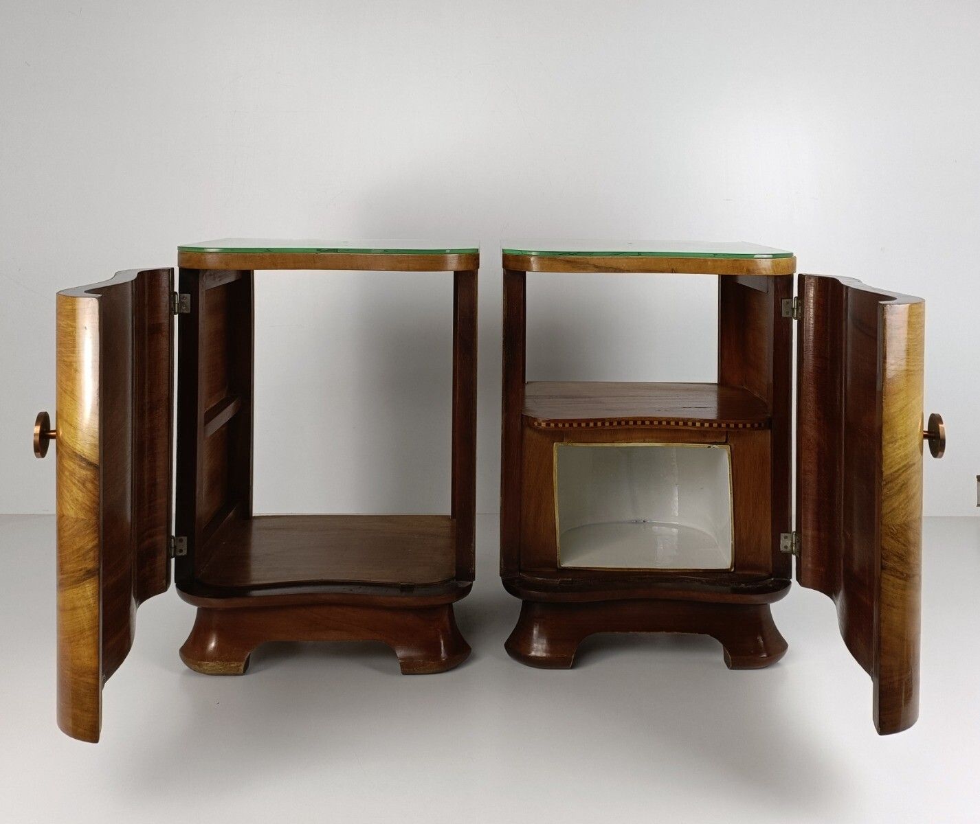 Art Nouveau Deco Pair Nightstands Walnut Wood End Tables Cabinets Halabala Style photo buy
