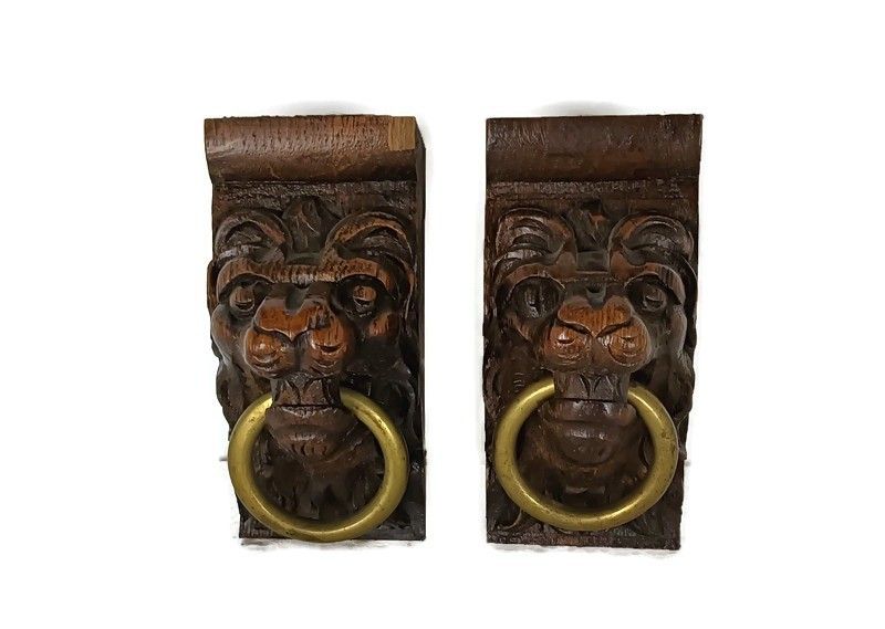 Antique Pair Corbels Hand Carved Wood Architectural Reclaimed Lion Heads Trims R