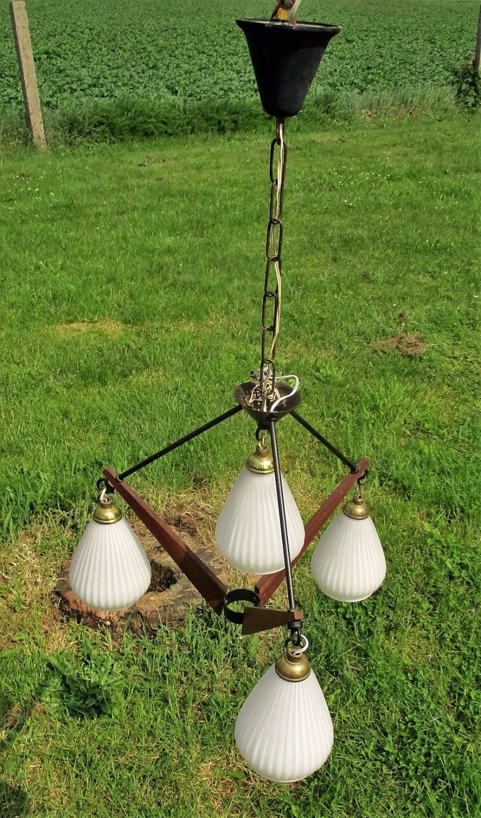 Danish Modern Chandelier Pendant Teak Atomic 4 Tear Drop Mid Century Vintage 50s photo Lighting