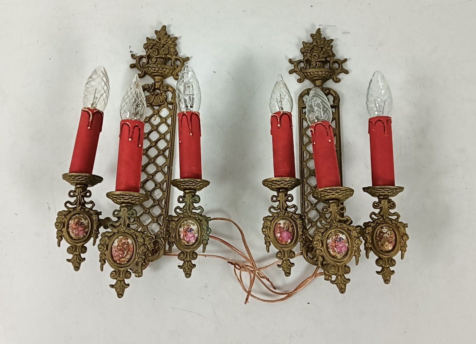 Pair French Brass Triple Wall Sconces Candelabras Victorian Style Limoges Sevres photo furniture