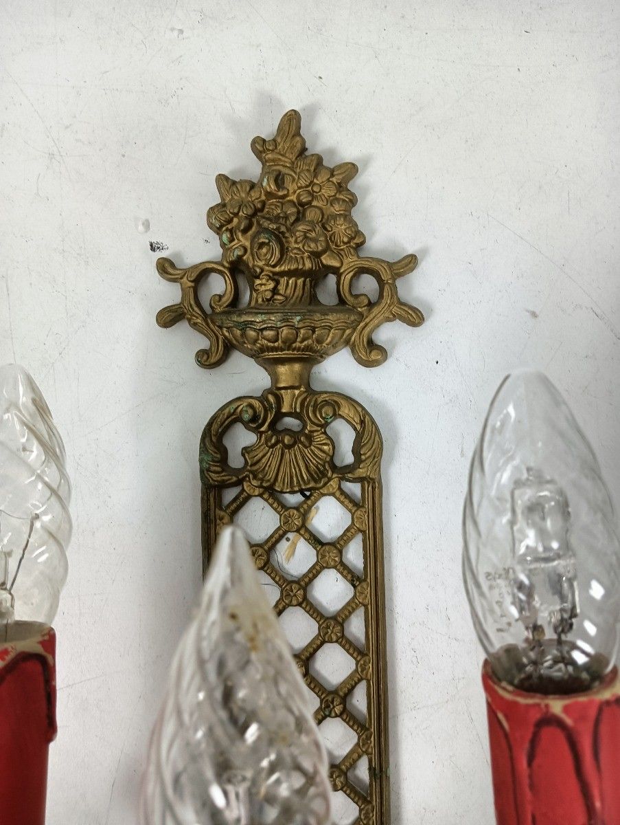 Pair French Brass Triple Wall Sconces Candelabras Victorian Style Limoges Sevres photo 324.0