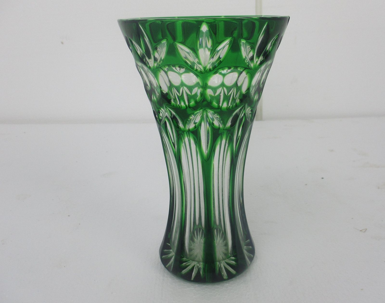 Green Cut To Clear Crystal Vase Val St Lambert Style? Art Glass photo for sale