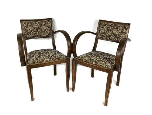 Pair Art Deco Bridge Chairs Wood Antique Needlepoint Fabric Hobnails Rare Find