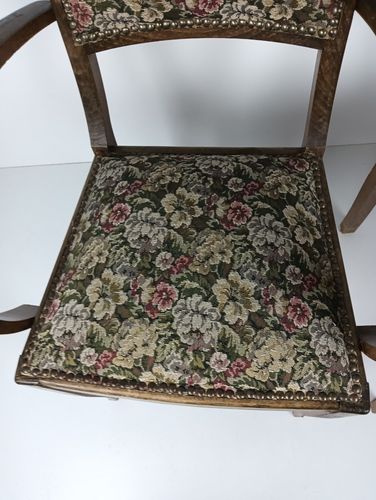 Pair Art Deco Bridge Chairs Wood Antique Needlepoint Fabric Hobnails Rare Find photo furniture