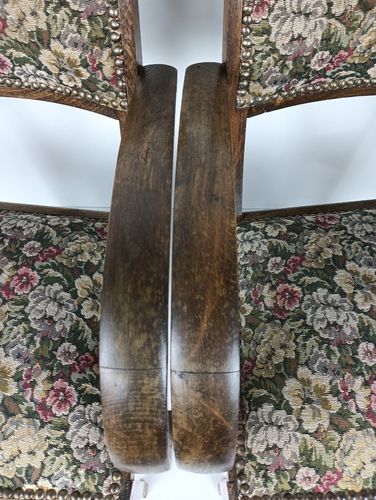 Pair Art Deco Bridge Chairs Wood Antique Needlepoint Fabric Hobnails Rare Find photo vinterior