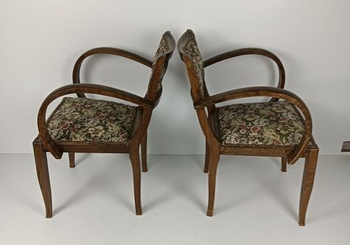Pair Art Deco Bridge Chairs Wood Antique Needlepoint Fabric Hobnails Rare Find photo vintage