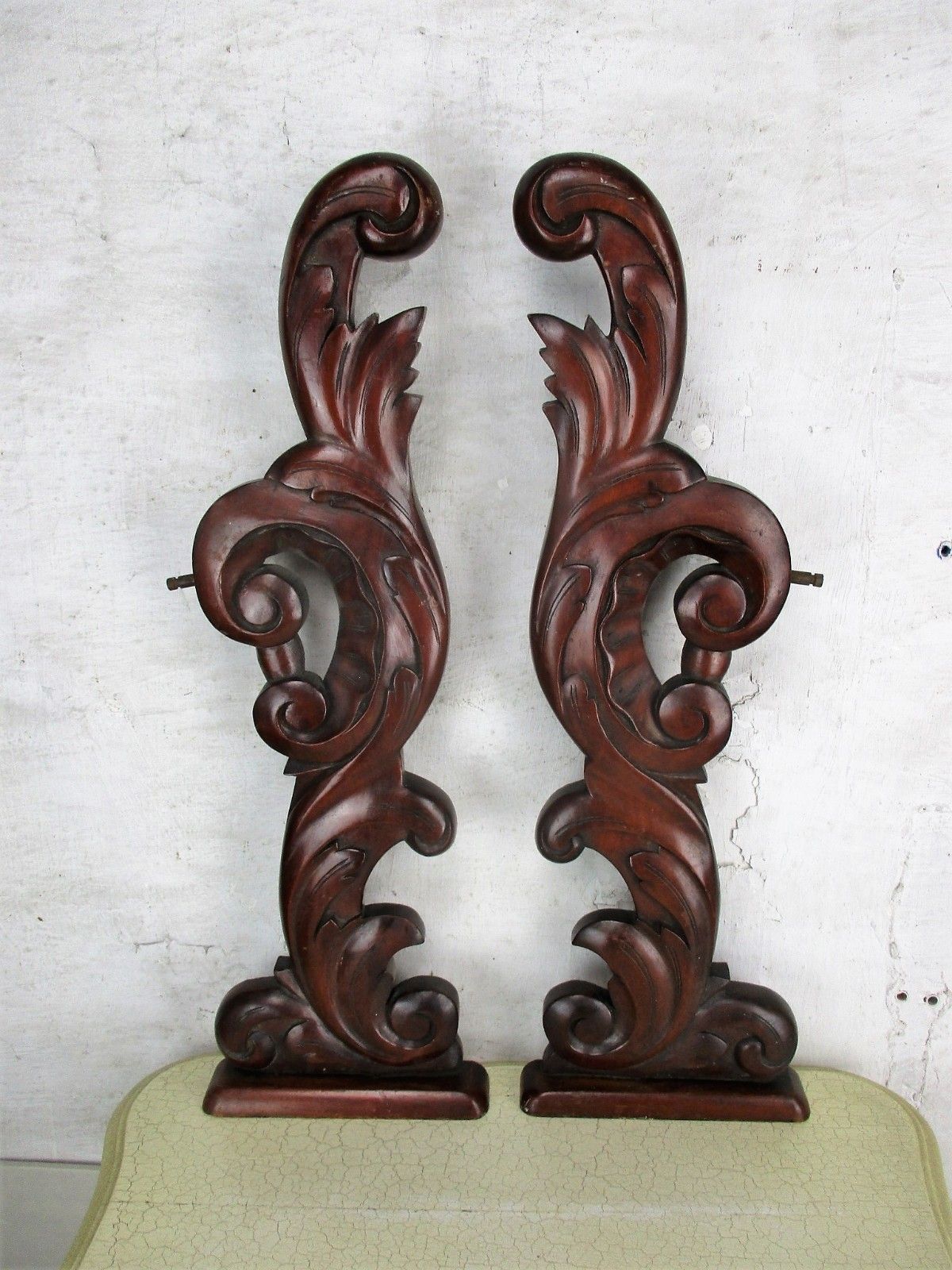 Couple Corbels Hand Carved Wood Pediment Over Door Architectural Standing Htf photo 186.0