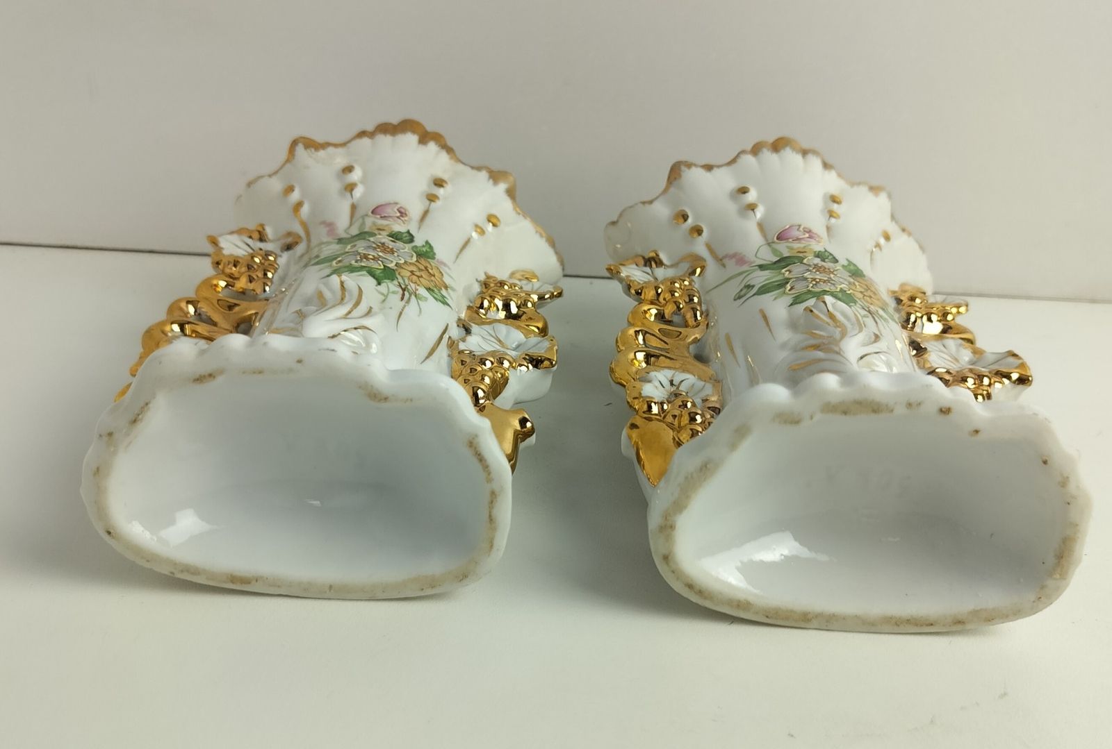 Lovely Couple Antique French  Porcelain Fan Flair Bridal Vases  Hand Painted Ena photo vintage