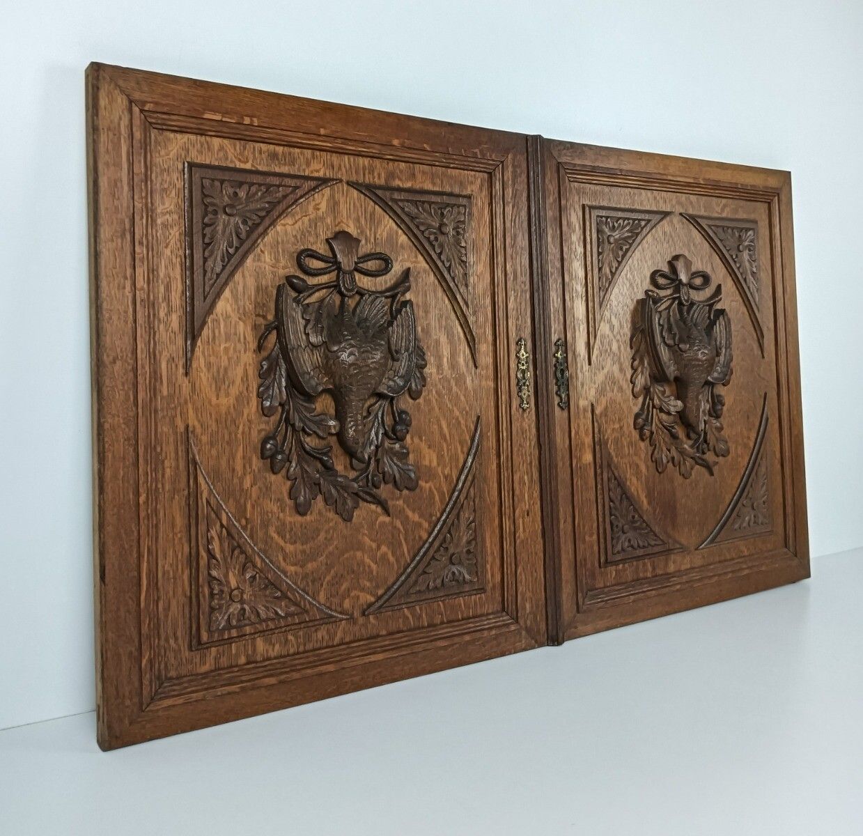Pair Antique  Hand Carved Wood Door Panels Pheasants Hunt Reclaimed Architectura photo for sale