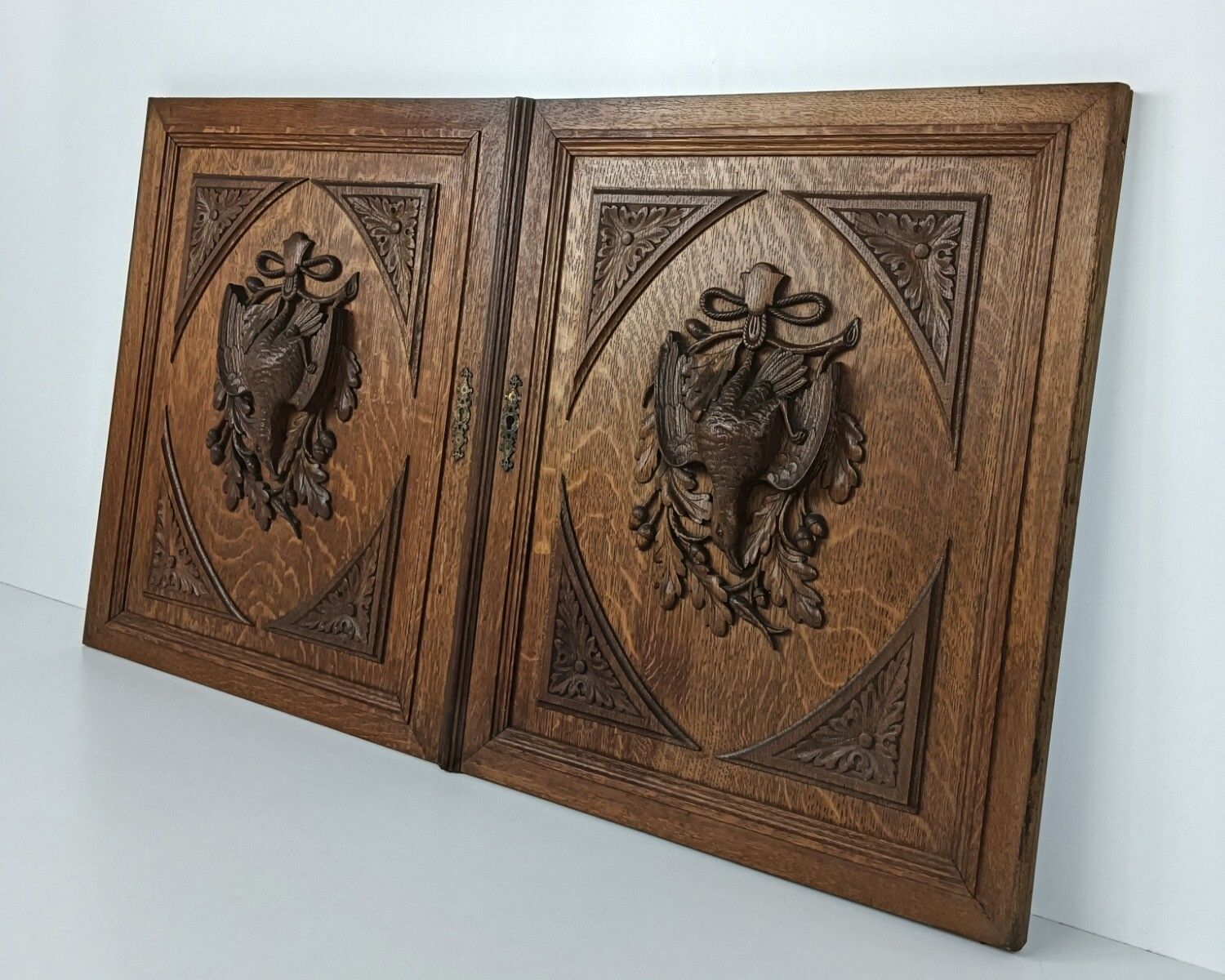 Pair Antique  Hand Carved Wood Door Panels Pheasants Hunt Reclaimed Architectura photo 405.0