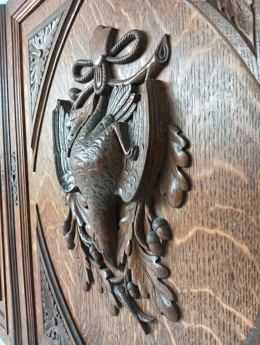 Pair Antique  Hand Carved Wood Door Panels Pheasants Hunt Reclaimed Architectura photo vintage