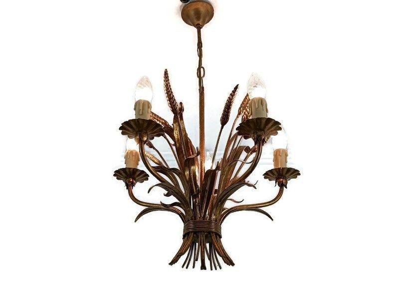French Hollywood Regency Chandelier Light Wheat Sheaf Vintage 5 Lights Gold Gild