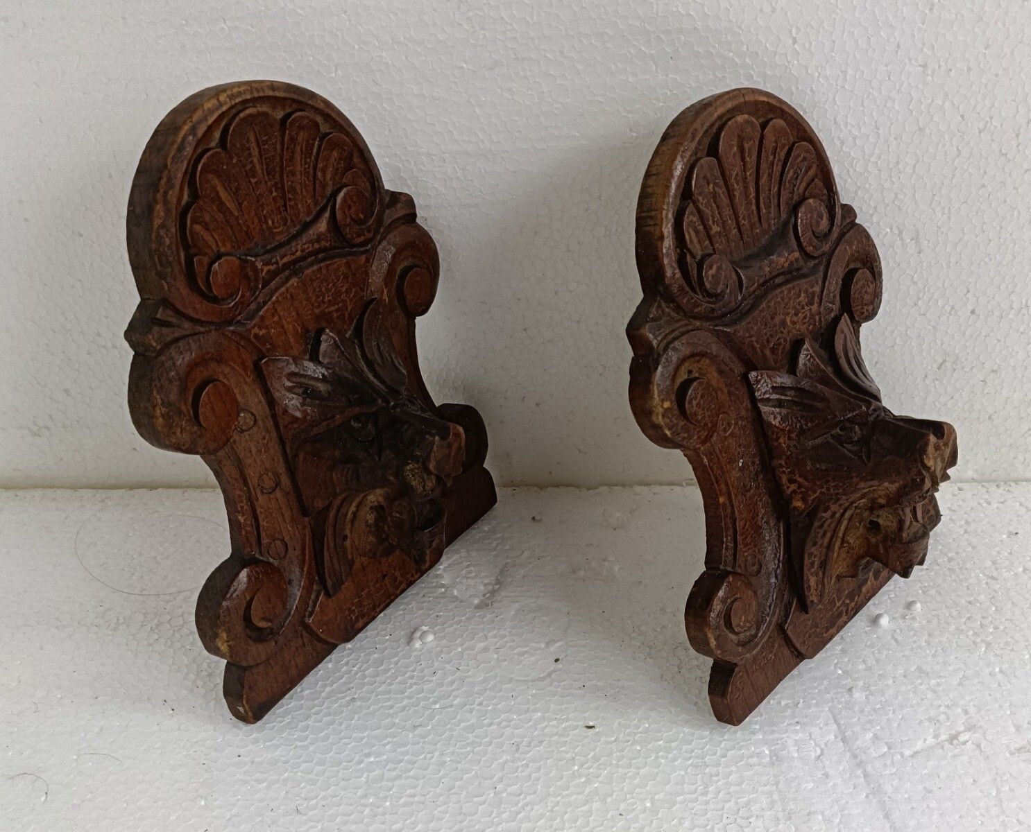 Pair Antique Corbels Hand Carved Wood Architectural Reclaimed Lions  Trims Salva photo 121.0