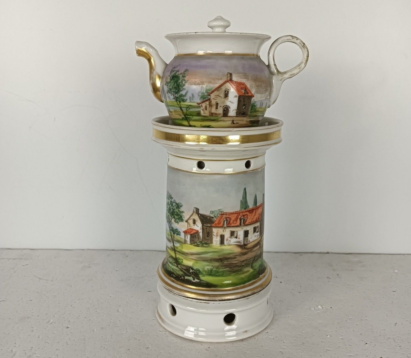 Home Decor Antique  Porcelain Teapot Veilleuse Tea Warmer Nightlight Marked D.F. Hand Paint photo