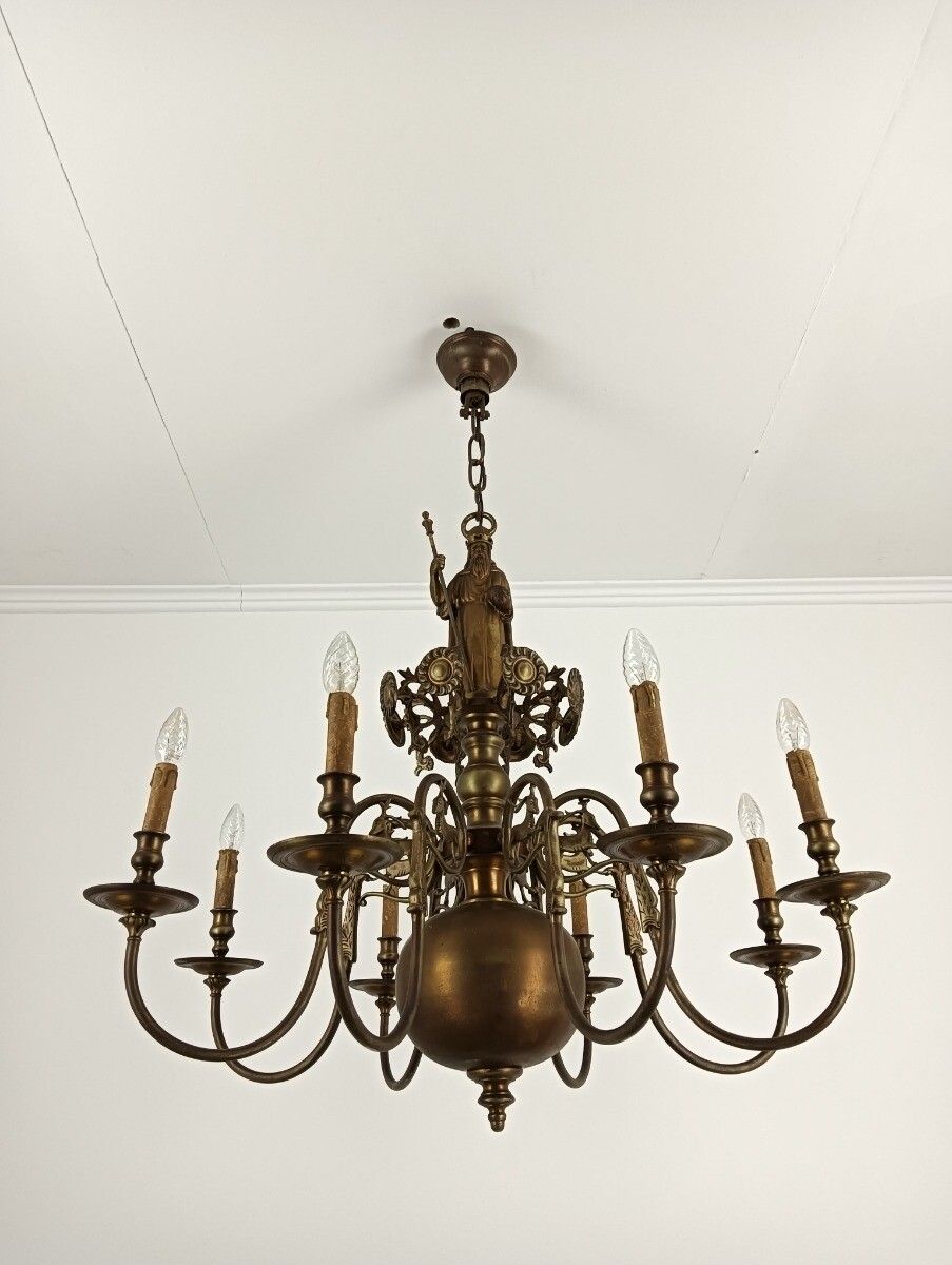 Stunning Flemish Bronze Hunting Castle Chandelier Saint Hubertus Horn Deer 8 L photo for sale