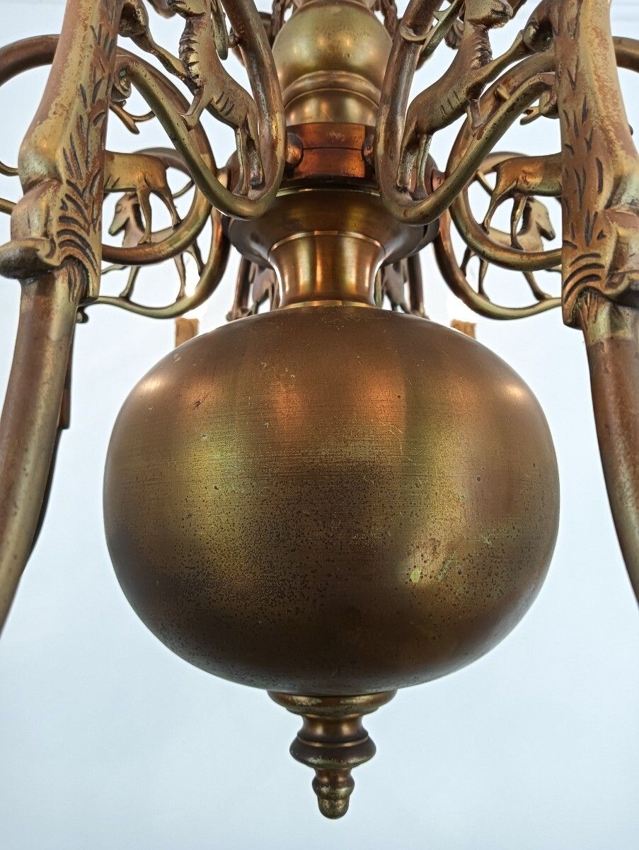 photo for sale Stunning Flemish Bronze Hunting Castle Chandelier Saint Hubertus Horn Deer 8 L