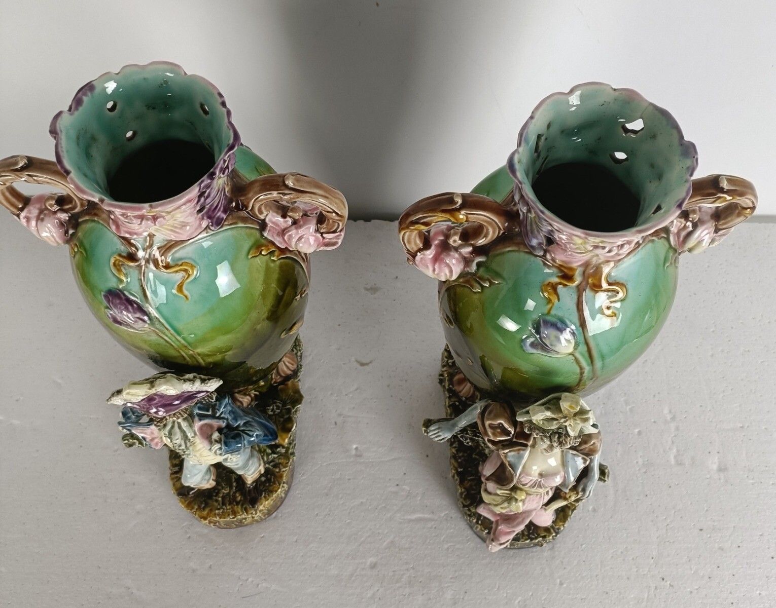 Art Nouveau French Pair Barbotine Majolica Large Vases Lady Man Figurines  Gorge photo for sale