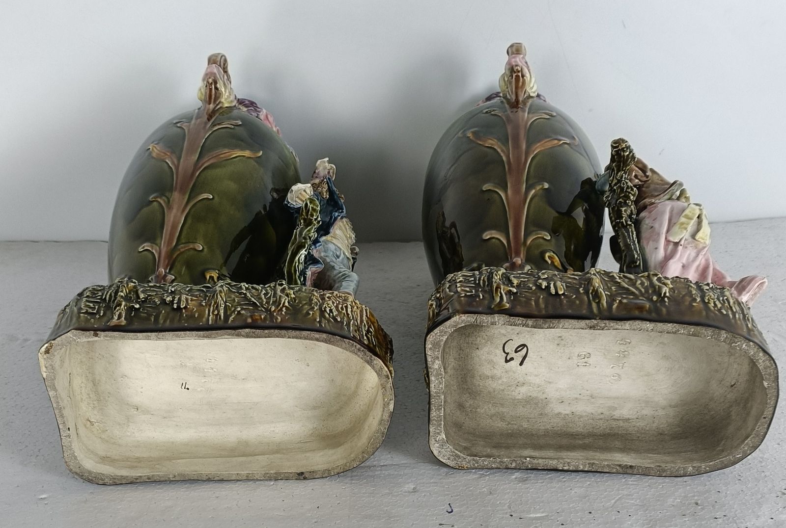 photo furniture Art Nouveau French Pair Barbotine Majolica Large Vases Lady Man Figurines  Gorge