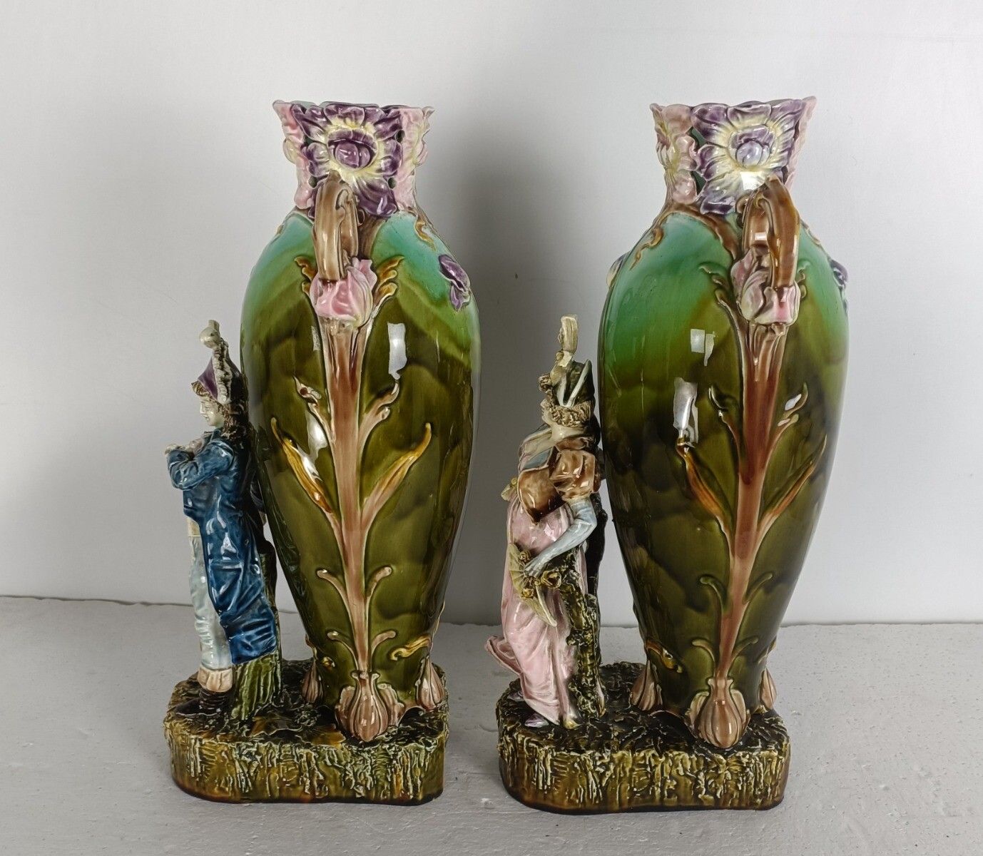 Home Decor Art Nouveau French Pair Barbotine Majolica Large Vases Lady Man Figurines  Gorge photo