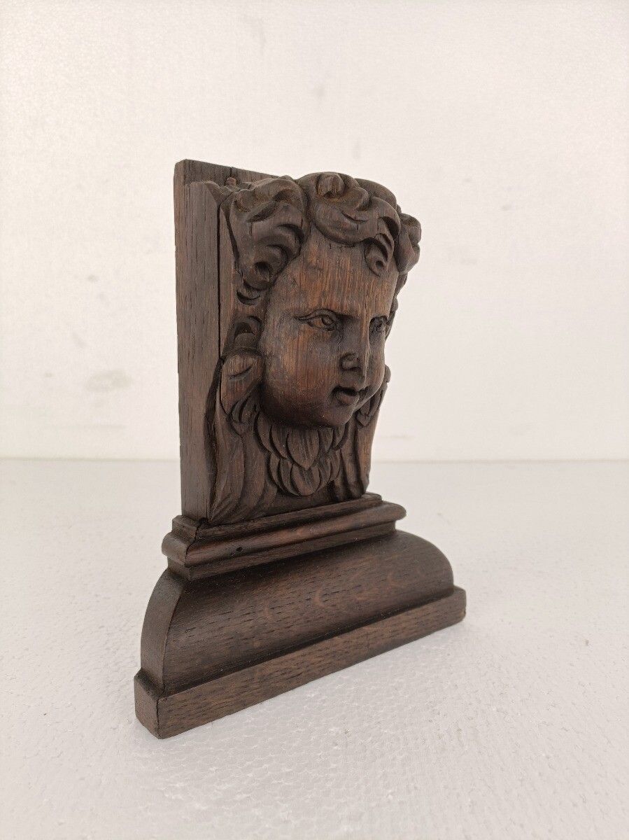 Corbel Hand Carved Wood Architectural Reclaimed Trim Putti Angel Head Antique photo for sale