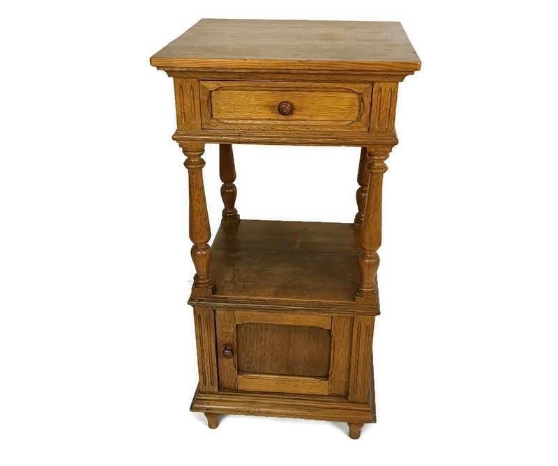 Antique Art Deco Nightstand Carved Wood  Two Tier End Table Bedroom Cabinet Pine