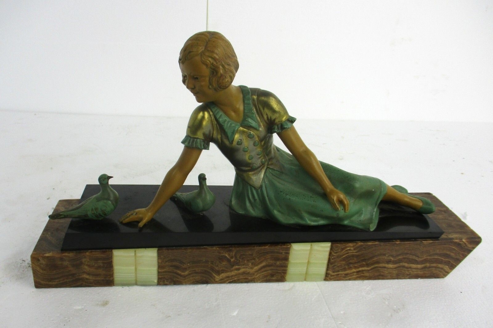 Art Nouveau Statue Figurine Girl Feeding Birds Marble Base Faux Bronze Figurine photo furniture