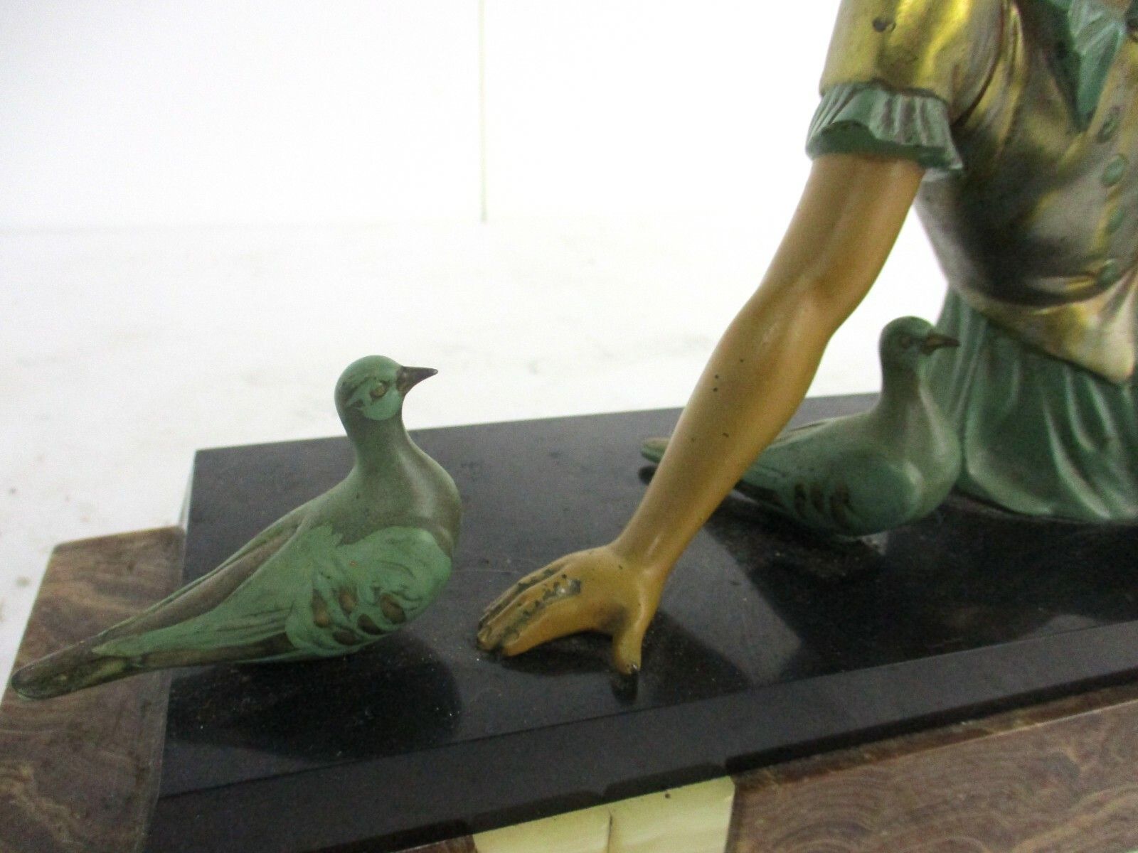 Art Nouveau Statue Figurine Girl Feeding Birds Marble Base Faux Bronze Figurine photo 279.0