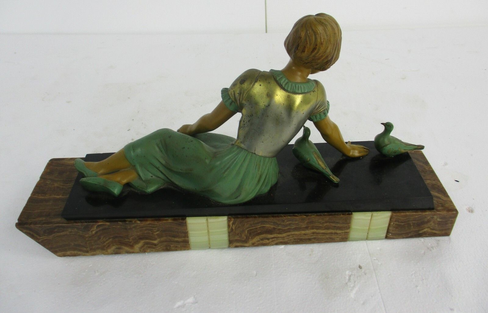 Art Nouveau Statue Figurine Girl Feeding Birds Marble Base Faux Bronze Figurine photo vintage