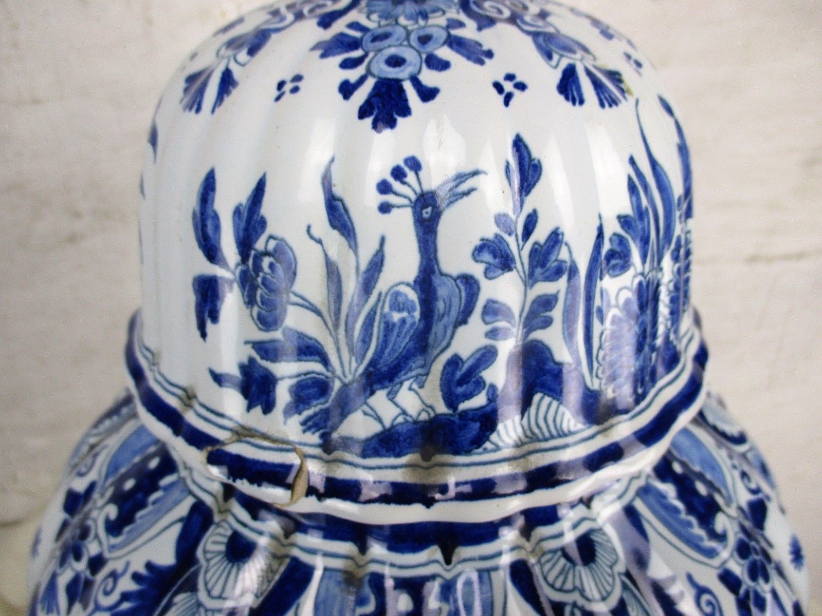 Antique 19th C Xl  Marked The Three Bells Delft Vase Urn Peacocks Htf 20.86" photo 483.0