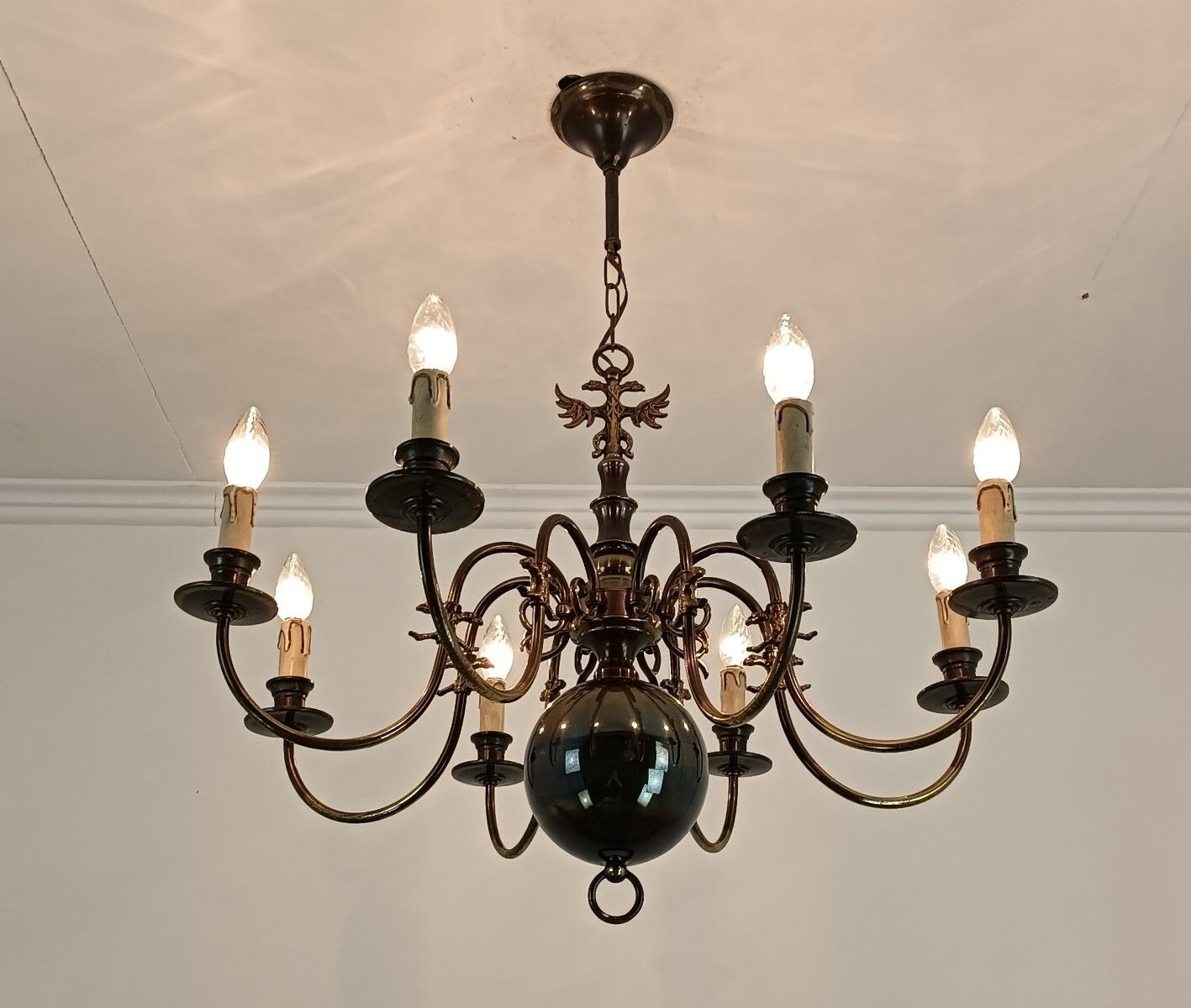 Dutch Flemish Chandelierbrass Vintage Modernist Barn Farmhouse Style 8 Lights Ea photo for sale
