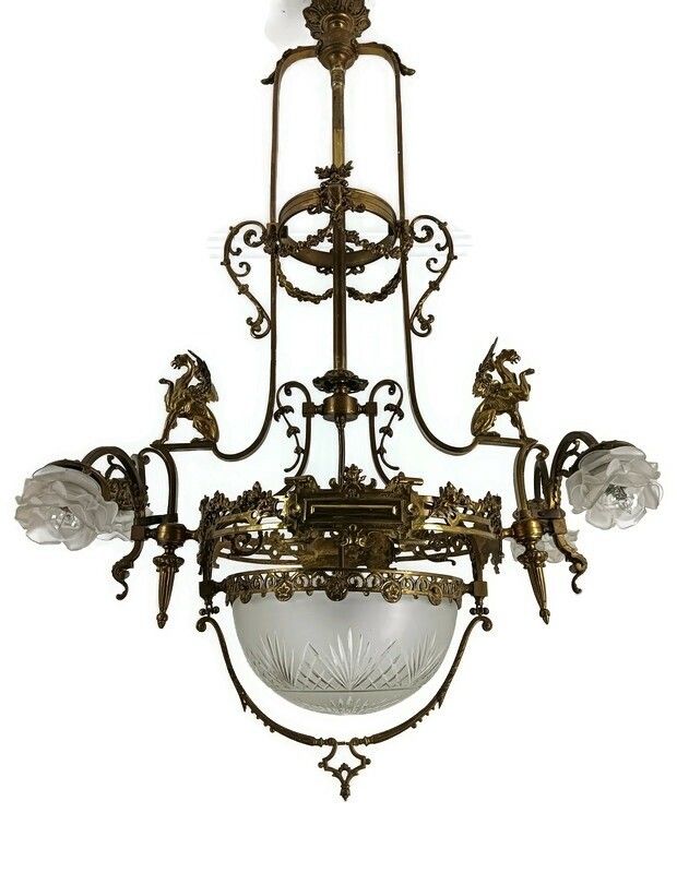 Art Nouveau Chandelier Bronze Doré Coat Of Arms Dragons Huge  5 Lights Stunning