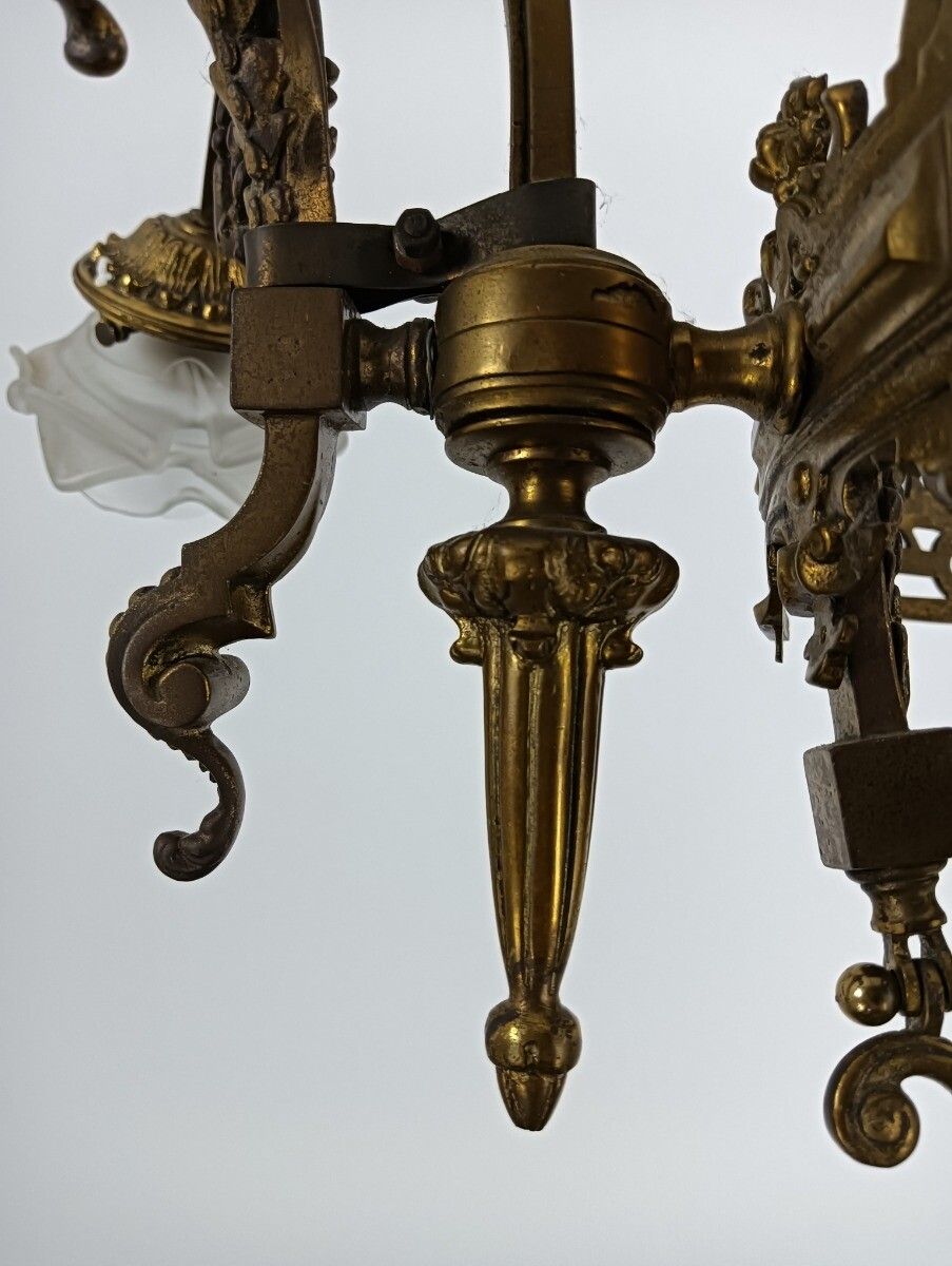 Art Nouveau Chandelier Bronze Doré Coat Of Arms Dragons Huge  5 Lights Stunning photo vintage