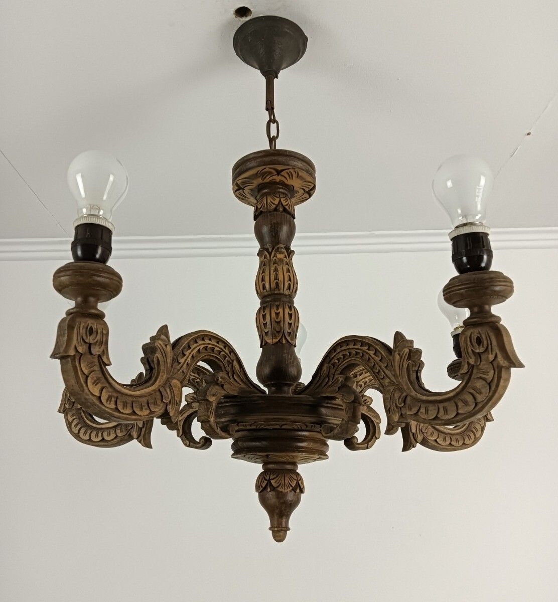 Gorgeous Carved Wooden Wood Chandelier Vintage 5 Lights Fixture Farmhouse Style photo vinterior