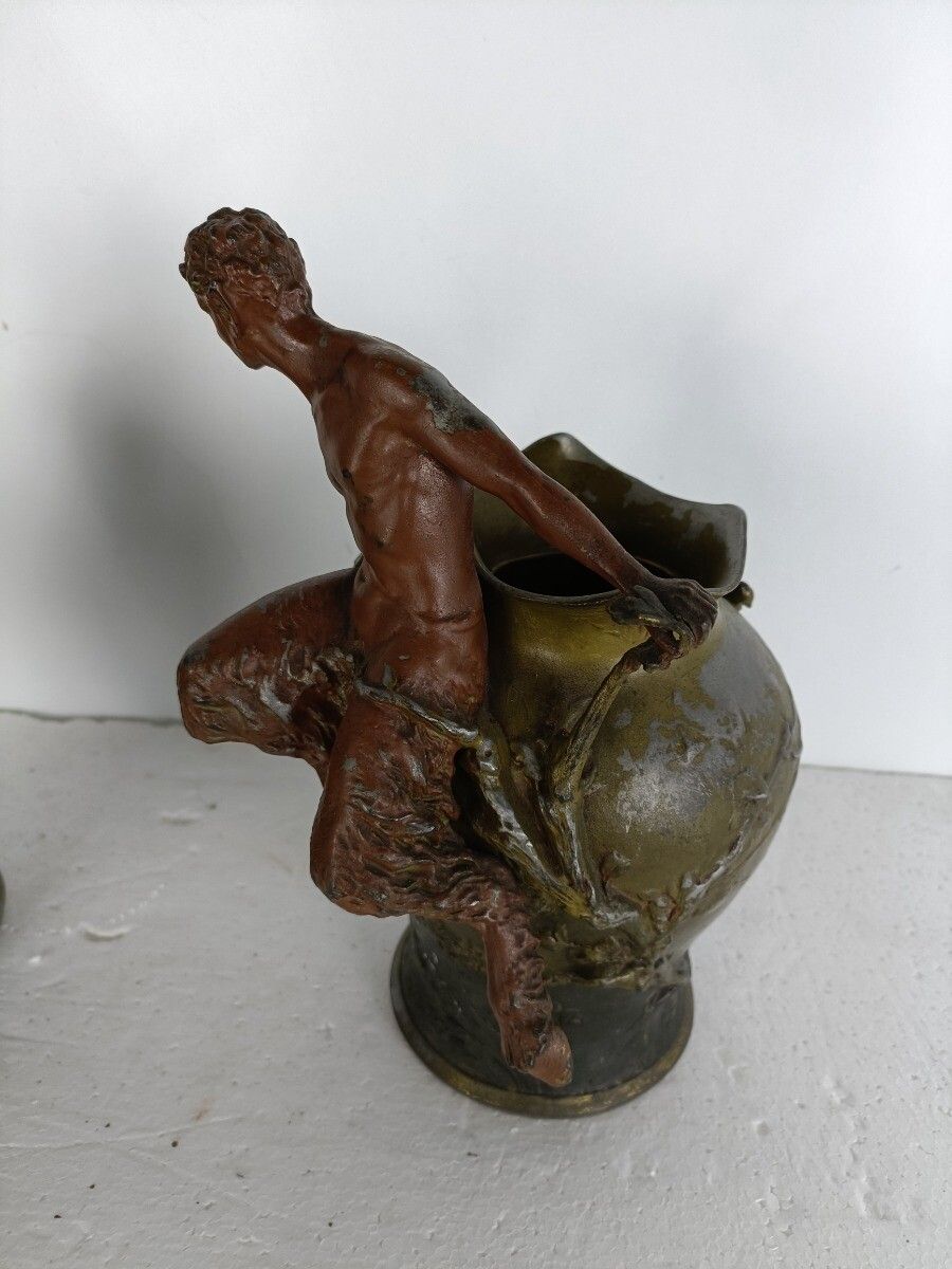 Art Pair Art Nouveau Vases Figurines Mythical Satyr Seducing Lady Bronze Patinated A photo
