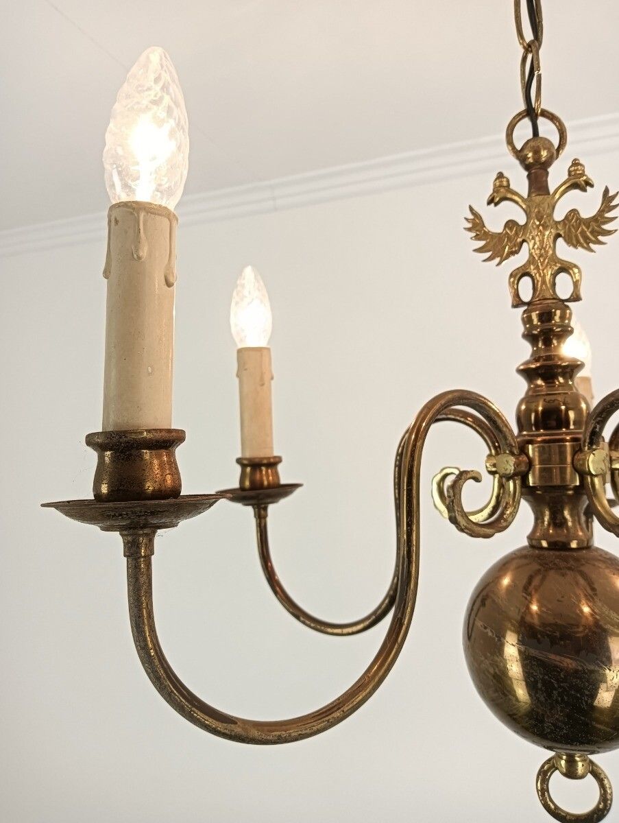 photo for sale Chandelier 5 Lights Arms Brass Flemish Dutch Mid Century Farm Country Style Vint